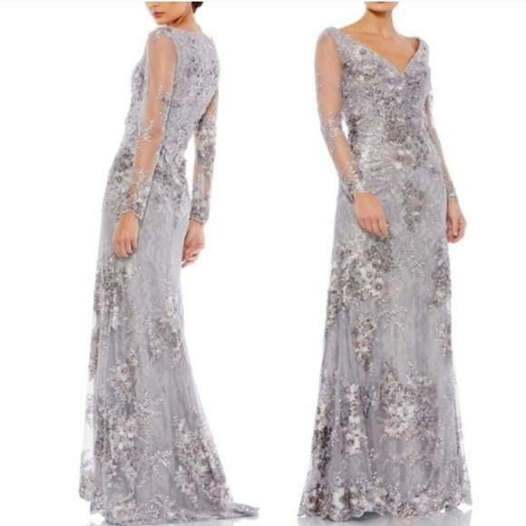 MAC DUGGAL PLATNIMUM EMBELLISHED V NECK ILLUSION LONG SLEEVE GOWN 8 NWOT - Picture 1 of 11